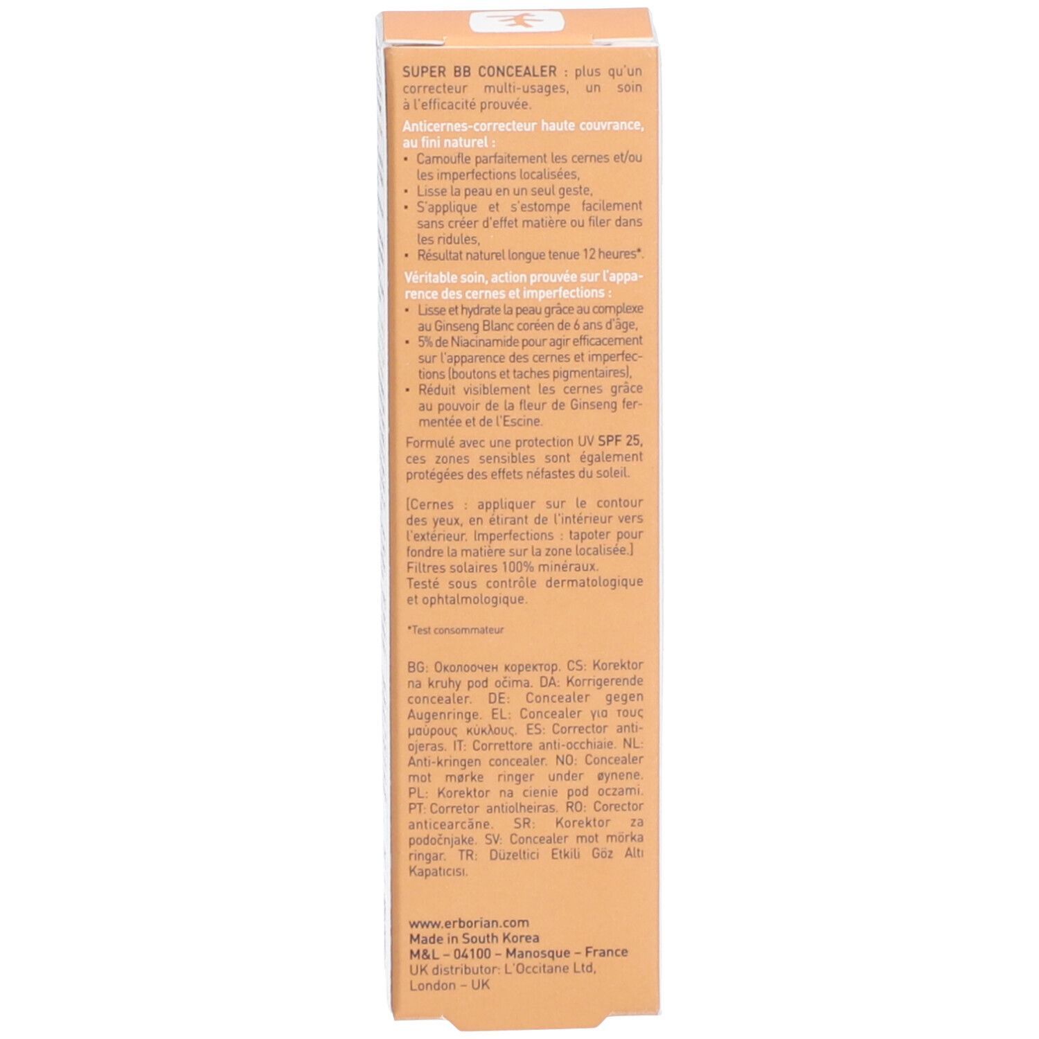 Côté de l'emballage. Informations et symboles. Marque: Erborian.