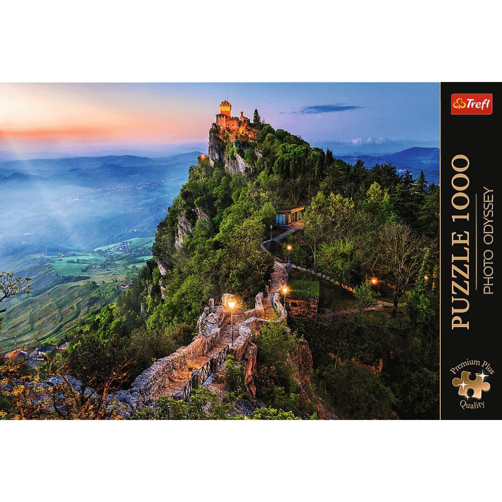 Boîte de puzzle avec paysage. Marque Trefl, puzzle 1000 pièces, Premium Plus Quality. Montagne avec château.