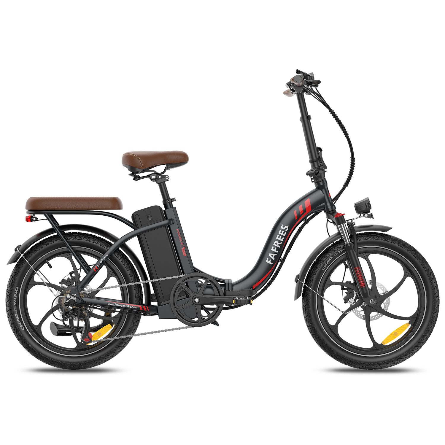 Opvouwbare e-bike, zwart met bruin zadel. Merk Fafrees. Zichtbare details: wielen, batterij, spatborden, bagagerek.