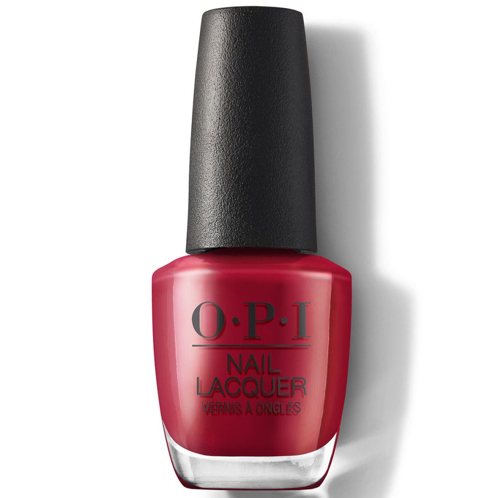 OPI nagellakfles. Rode kleur. Zwarte dop. Opschrift: OPI Nail Lacquer.