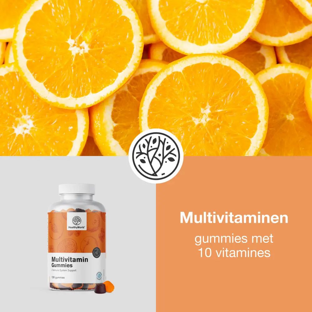 Sinaasappelschijfjes. Logo en fles met gummies. Tekst: Multivitaminen gummies met 10 vitamines.