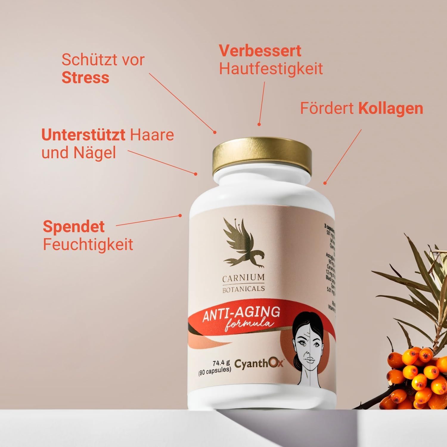 Pilfles met gouden dop. Tekst: Carnium Botanicals, Anti-Aging formula. Pijlen tonen voordelen.