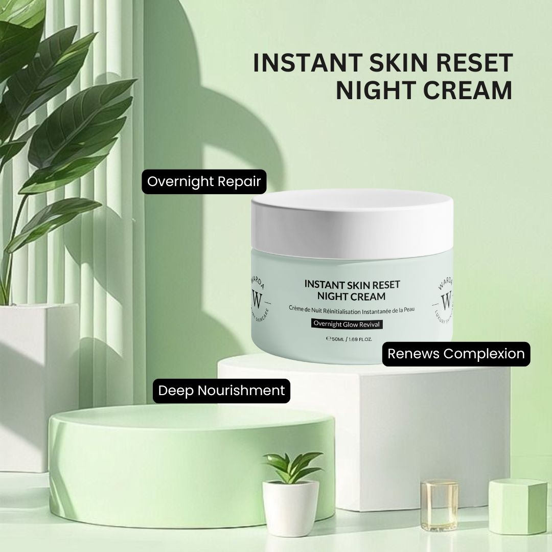 Pot de crème sur socle. Inscription: Instant Skin Reset Night Cream. Marque: Warda. Crème de nuit. Textes supplémentaires.