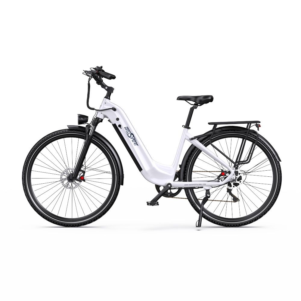Vélo électrique blanc avec détails noirs. Porte-bagages, feu arrière et phare visibles. Logo Onesport.