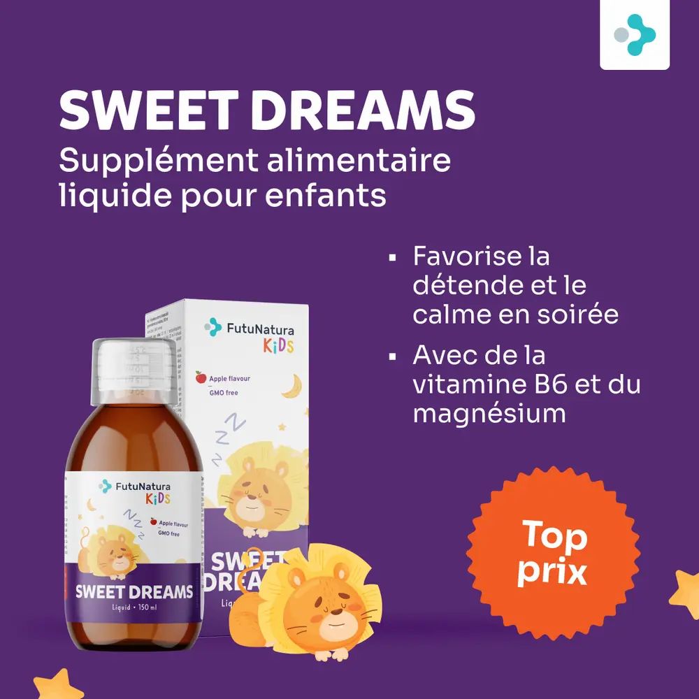 Flacon et emballage de FutuNatura Kids Sweet Dreams. Texte: Complément alimentaire liquide pour enfants. Motif de sommeil.