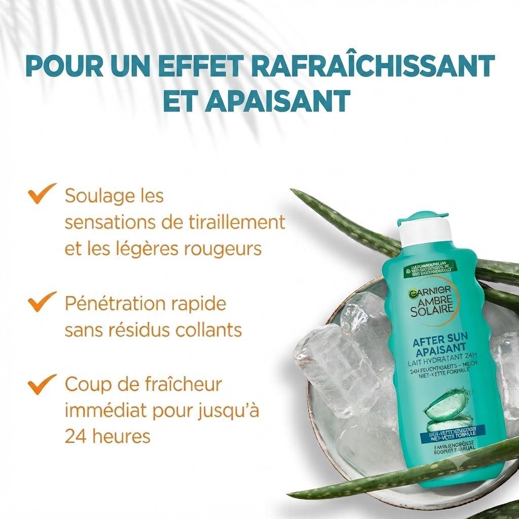 Lotion après-soleil Garnier Apaisant en flacon turquoise, avec aloe vera et glaçons.