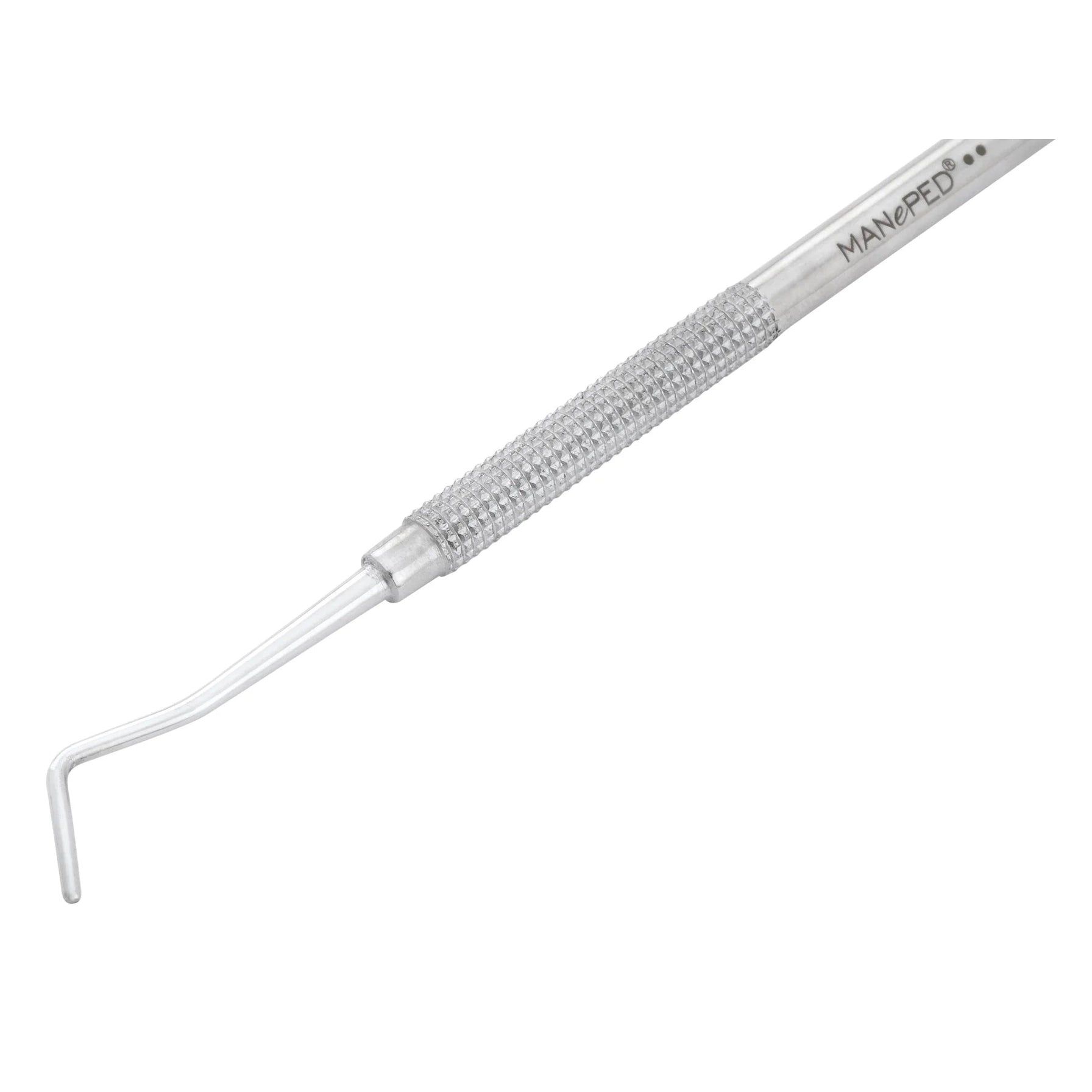 MANePED-instrument van roestvrij staal. Geribbelde handgreep, gebogen aan één kant.