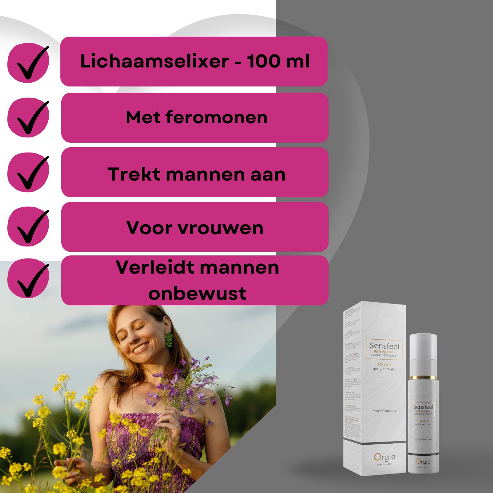 Sensfeel elixer 100ml met feromonen, trekt mannen aan.