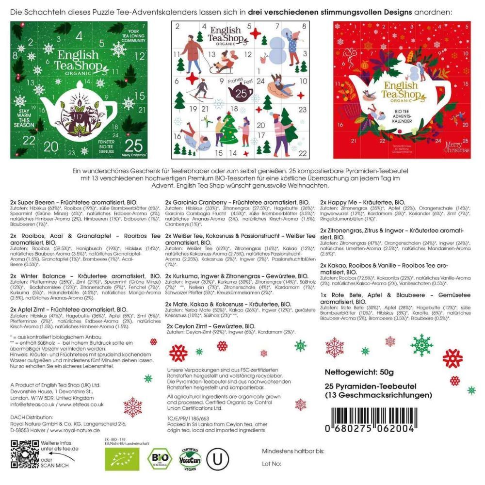 Achterkant van de adventskalenderdoos. English Tea Shop logo. 25 piramidezakjes. Ingrediëntenlijst. Biologische certificering.