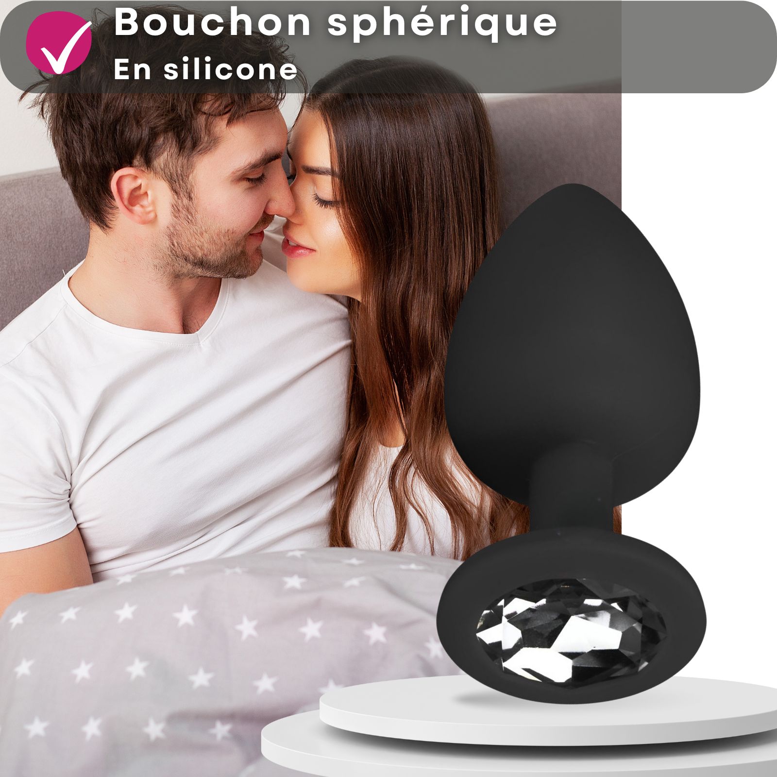 Easytoys - Plug anal en silicone noir avec pierre décorative - ENSEMBLE