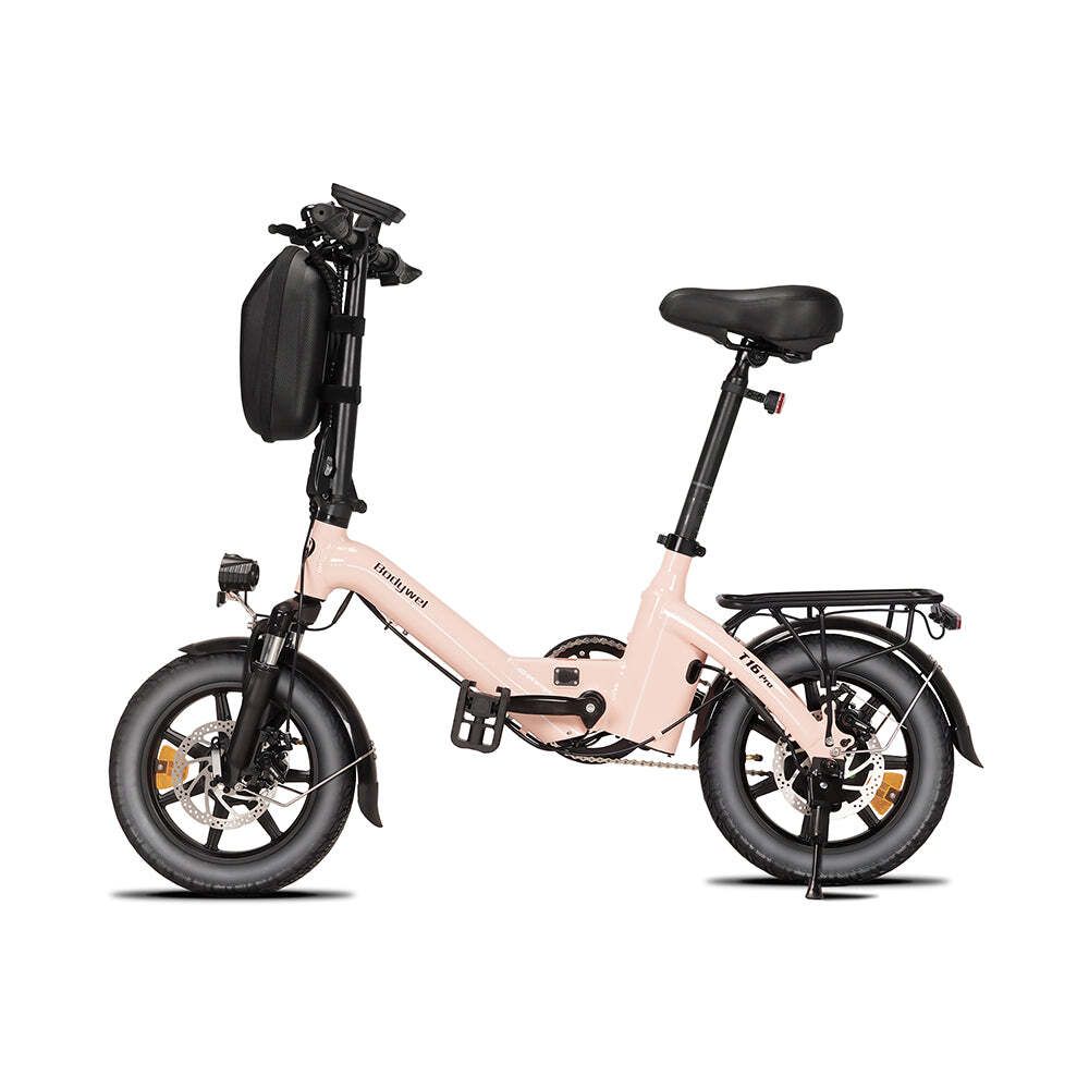 Roze opvouwbare elektrische fiets, zwarte banden en zadel. Bagagedrager. Opschrift T16 Pro. Stuur met tas.