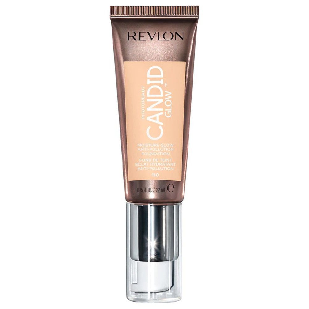 Revlon PhotoReady Candid Glow Foundation. Beige tube. Tekst: CANDID GLOW, Anti-vervuiling. Pomp sluiting.