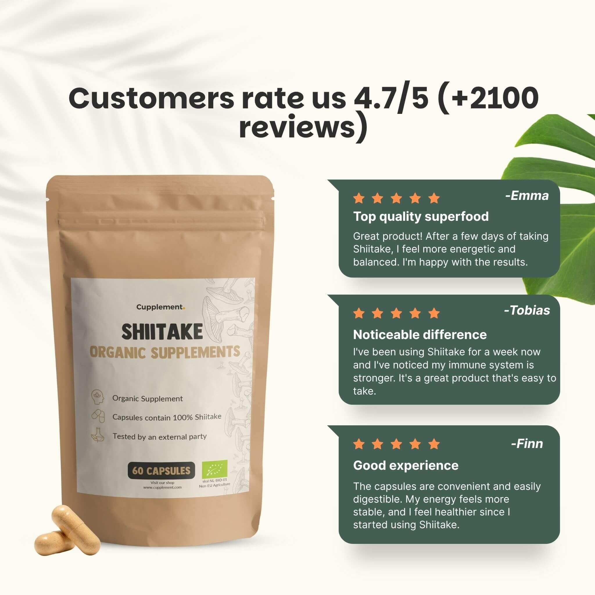 Sachet de gélules de shiitake. Texte : Shiitake Organic Supplements. 60 gélules. Évaluation client : 4,7 sur 5 étoiles. Trois avis.
