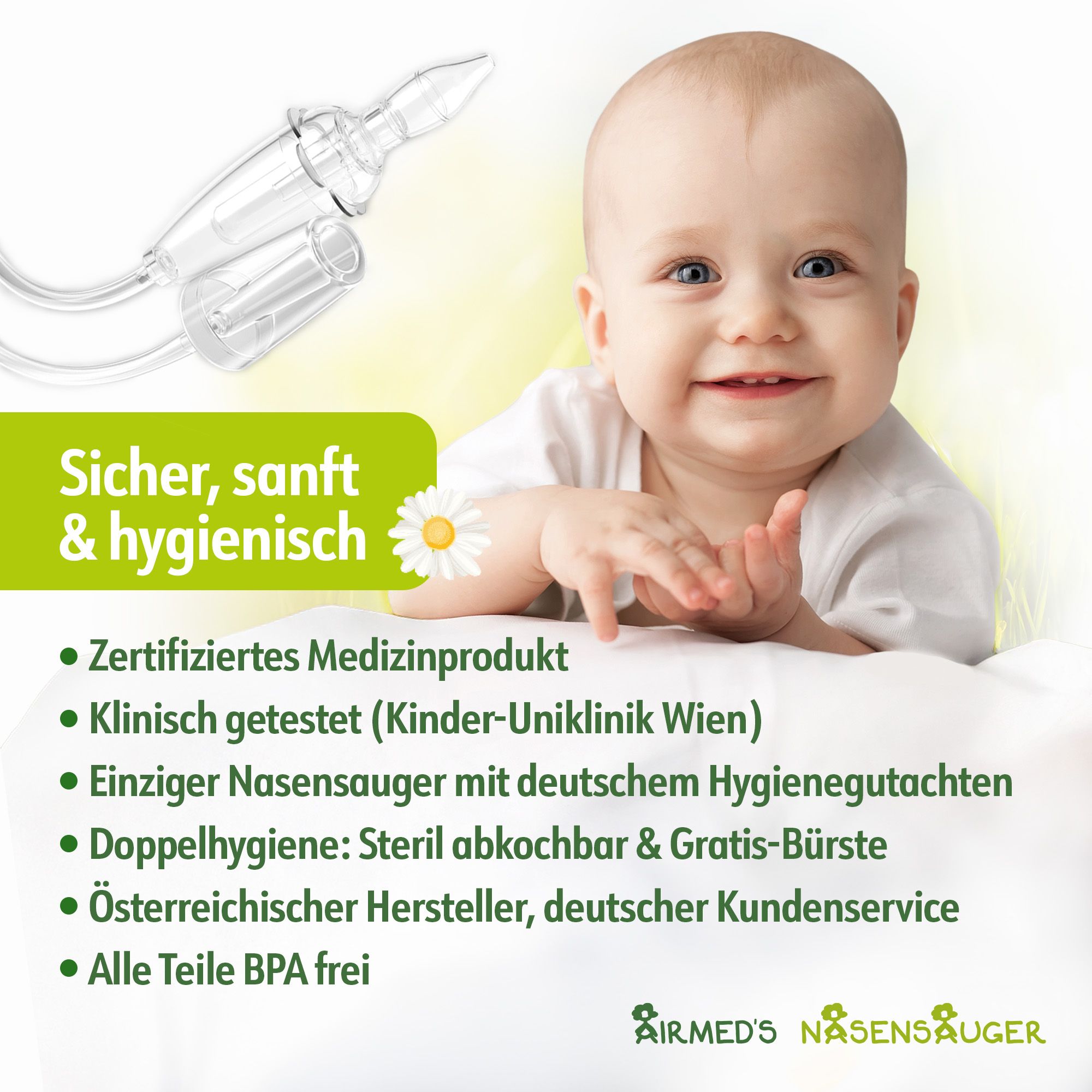 Sûr, doux, hygiénique : Dispositif médical certifié pour les soins nasaux des bébés.
