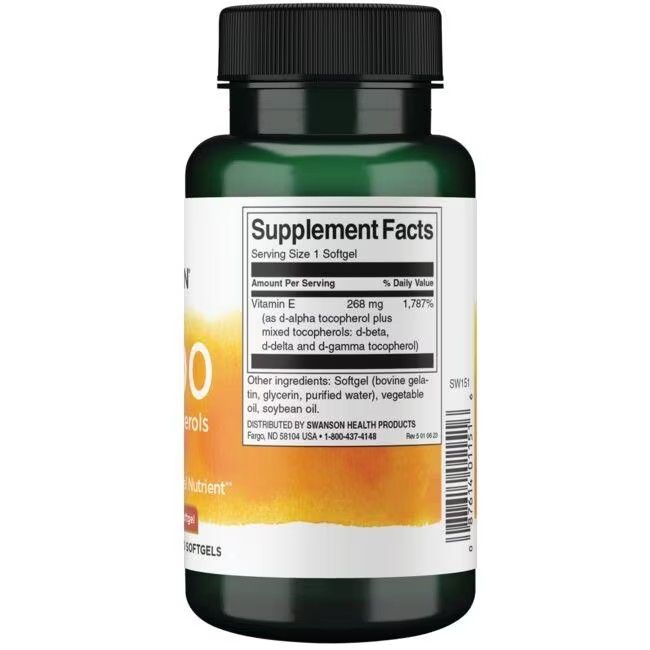 Dos du flacon vert. Inscription: Supplement Facts. Contient de la vitamine E, tocophérols mixtes.