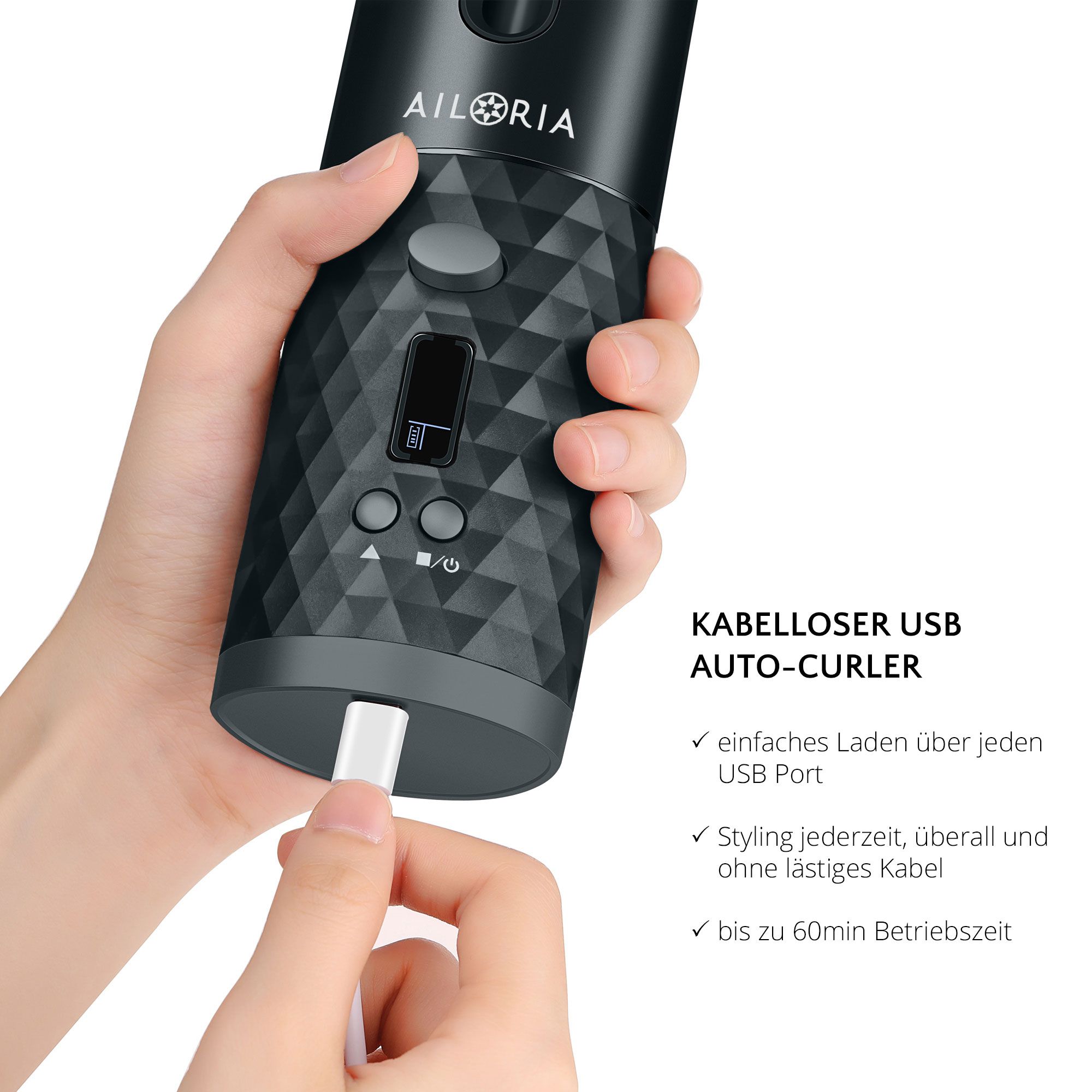 AILORIA REVOLUTIONNE Auto-Curl avec port USB. Texte : AUTO-CURLER USB SANS FIL. Chargement facile via USB. Jusqu'à 60 min de fonctionnement.