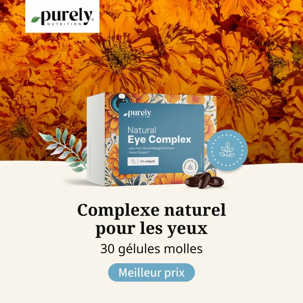 Boîte Natural Eye Complex avec 30 gélules molles. Gélules brunes. Marque Purely Nutrition.