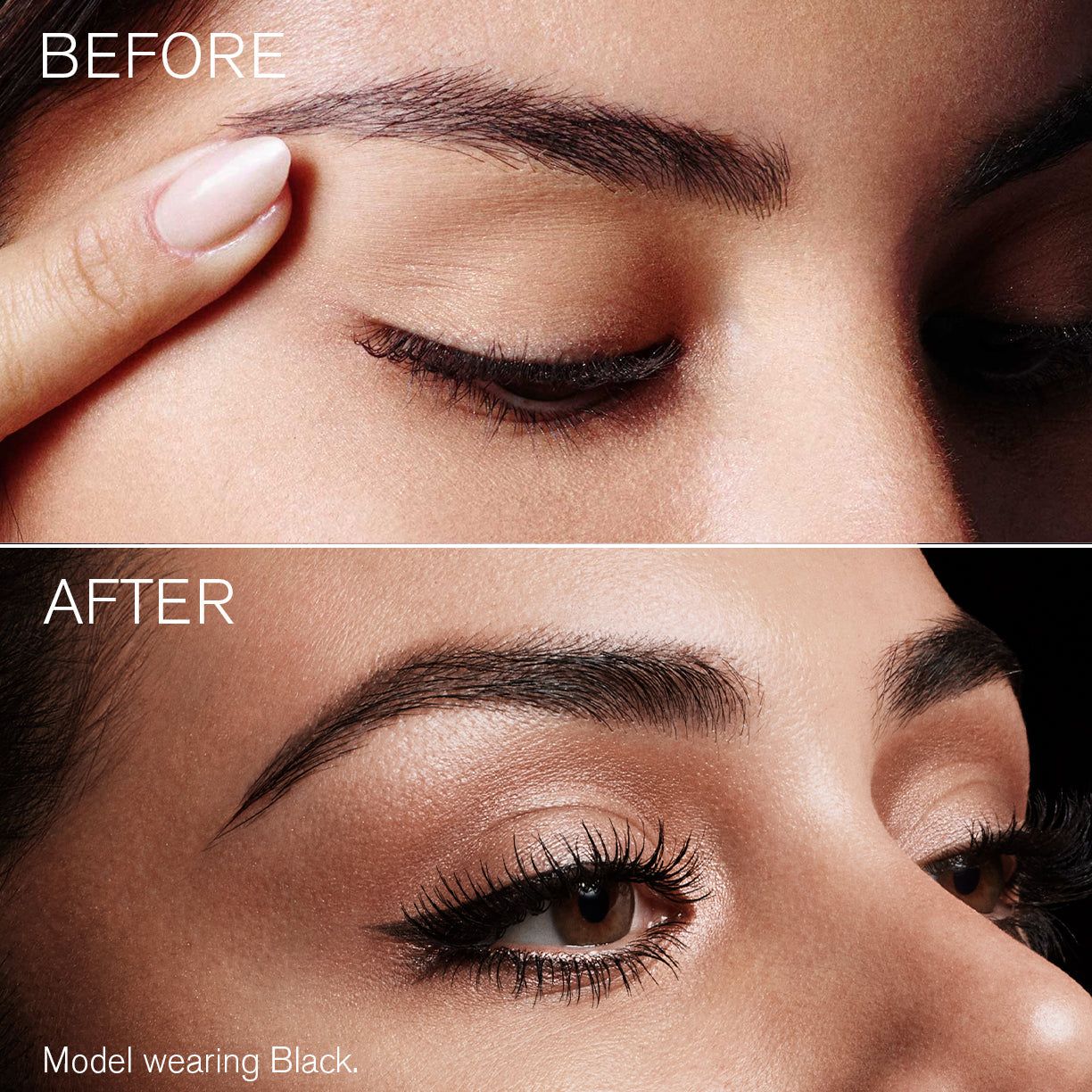 Voor-en-na vergelijking: ogen met en zonder eyeliner. Model draagt zwarte eyeliner. Duidelijke eyelinerlijn.