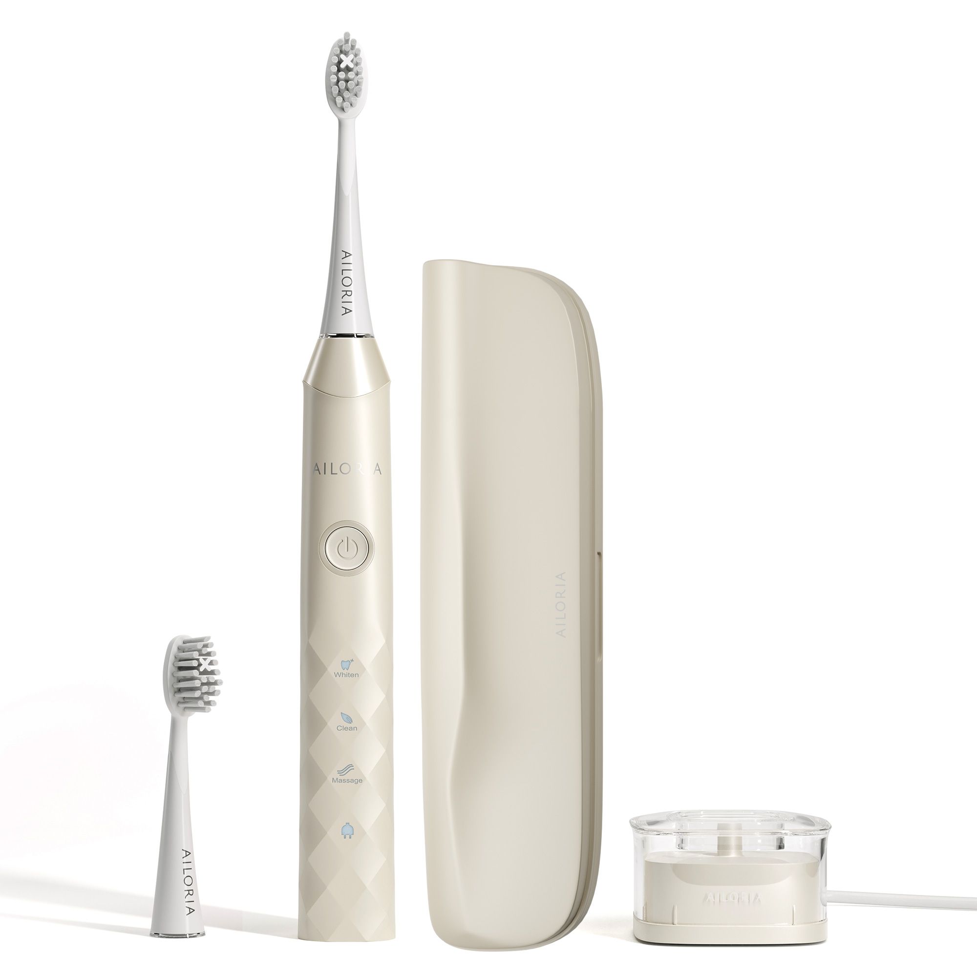 Brosse à dents électrique beige, étui de voyage, station de charge et tête de brosse de rechange. Logo AILORIA.