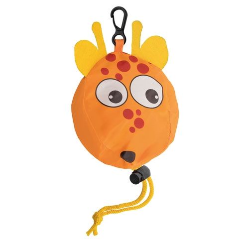 Opgevouwen giraffengezicht met gele oren en rode vlekken. Zwarte karabijnhaak en geel koord. Oranje.