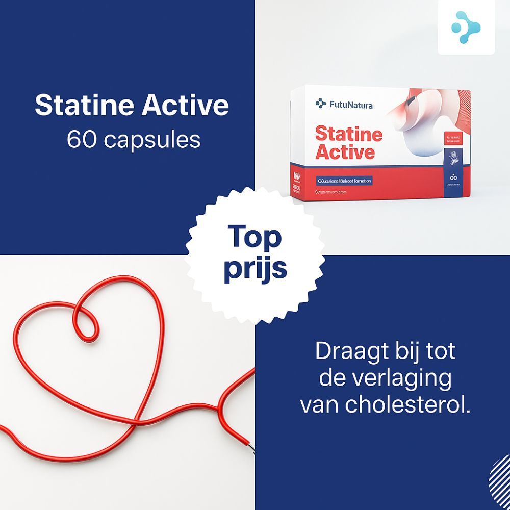Reclamebeeld met FutuNatura Statine Active. 60 capsules. Hartvorm van rode draad. Tekst: Verlaging van cholesterol.
