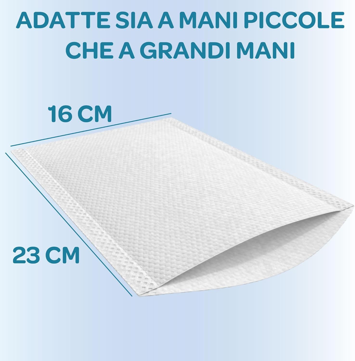 Gant de toilette blanc, 16x23 cm. Texte: ADATTE SIA A MANI PICCOLE CHE A GRANDI MANI.