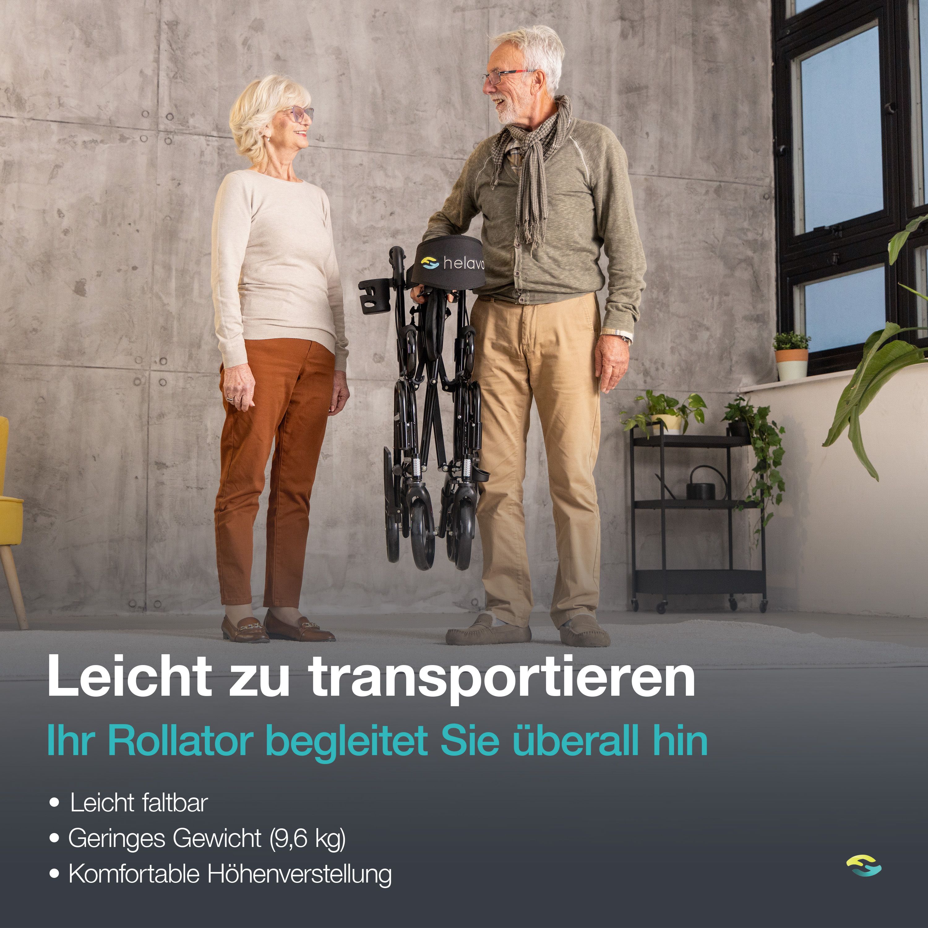 Man houdt opgevouwen rollator vast, vrouw staat ernaast. Tekst: Makkelijk te vervoeren. Laag gewicht (9,6 kg).