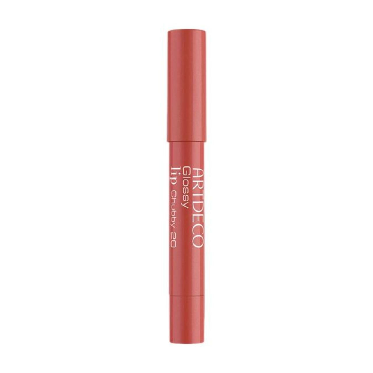 Roodbruine lippenstift met dop erop. Opschrift: Artdeco Glossy Lip Chubby 20.