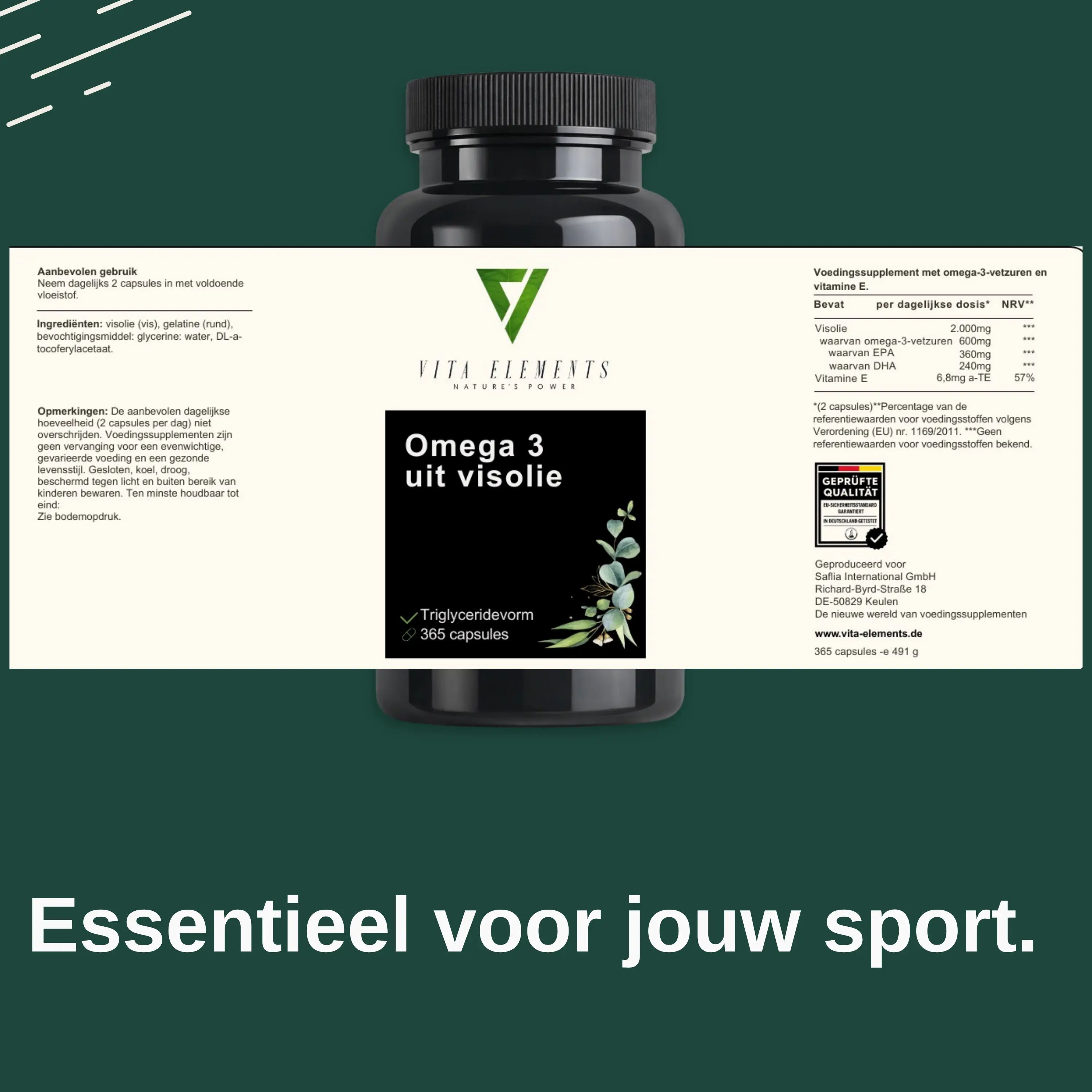 Fles omega-3 capsules. "In laboratorium getest", "Hoge dosering", "Zonder onnodige toevoegingen".