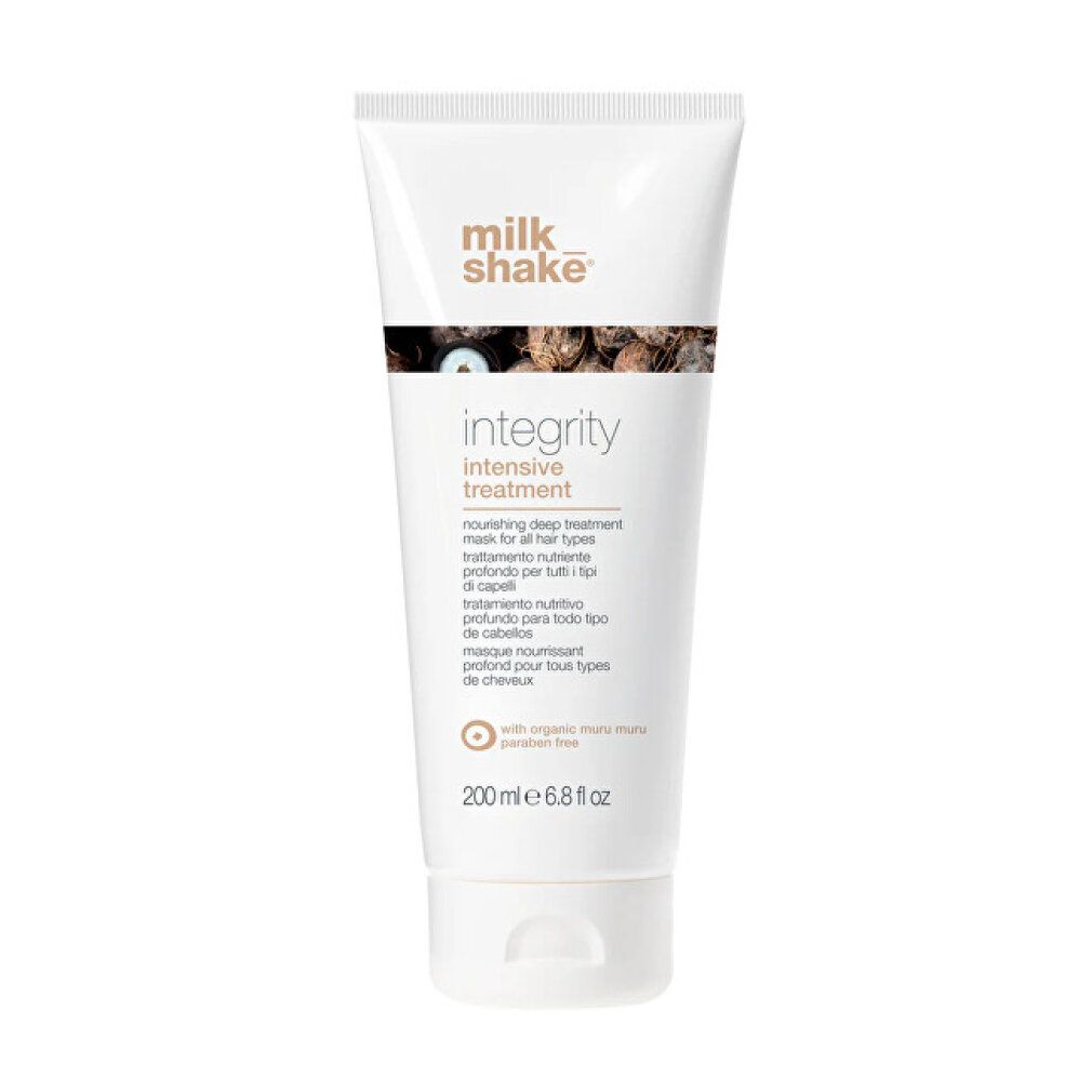 Tube blanc avec détails bruns. Inscription: milk_shake, integrity intensive treatment. 200 ml.
