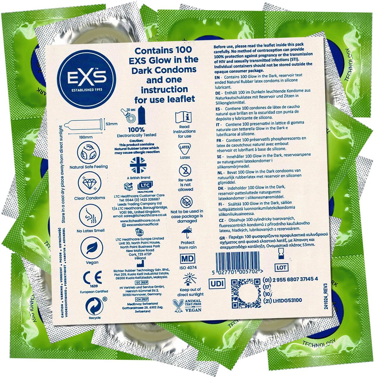 Emballages de préservatifs avec une carte d'information. La carte indique "EXS Glow in the Dark Condoms".