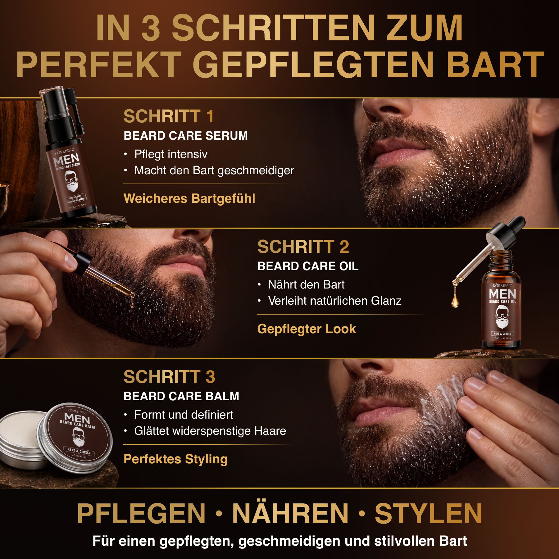 Flacon en verre foncé avec pompe et étiquette noire portant la mention 'MEN' et un symbole de barbe.