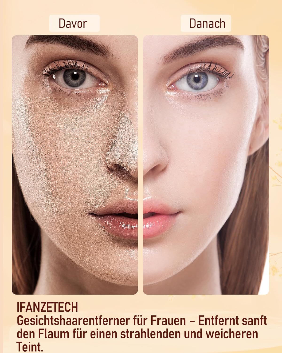 Comparaison avant/après. Visage de femme. Épilateur facial IFANZETECH. Élimine en douceur le duvet pour un teint éclatant.