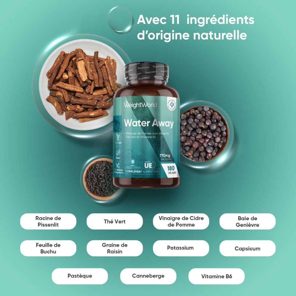 Flacon marron Water Away. Ingrédients naturels : pissenlit, thé vert, vinaigre de cidre, etc. 180 gélules.
