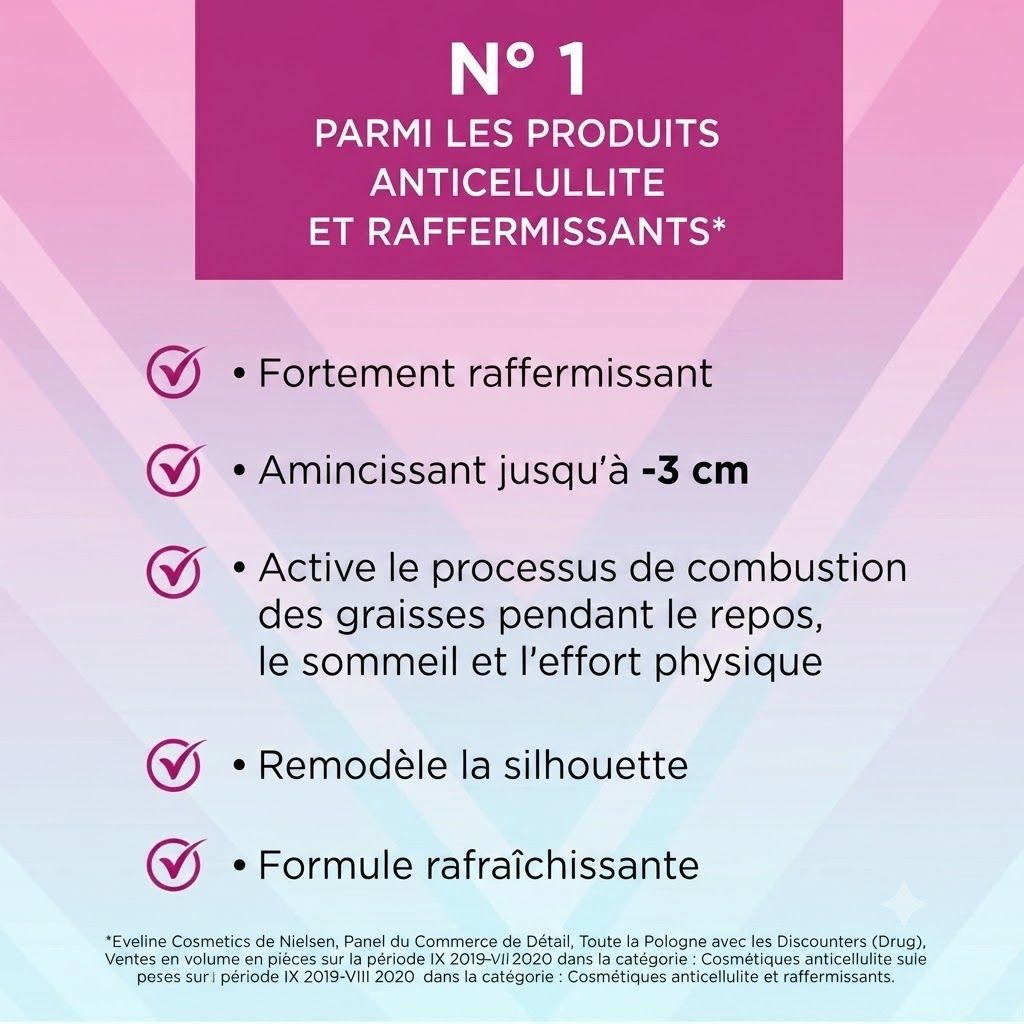 N°1 parmi les produits anticellulite et raffermissants. Fermeté intense, amincissement jusqu'à -3 cm, active la combustion des graisses au repos, sommeil et effort physique, remodèle la silhouette, formule rafraîchissante.