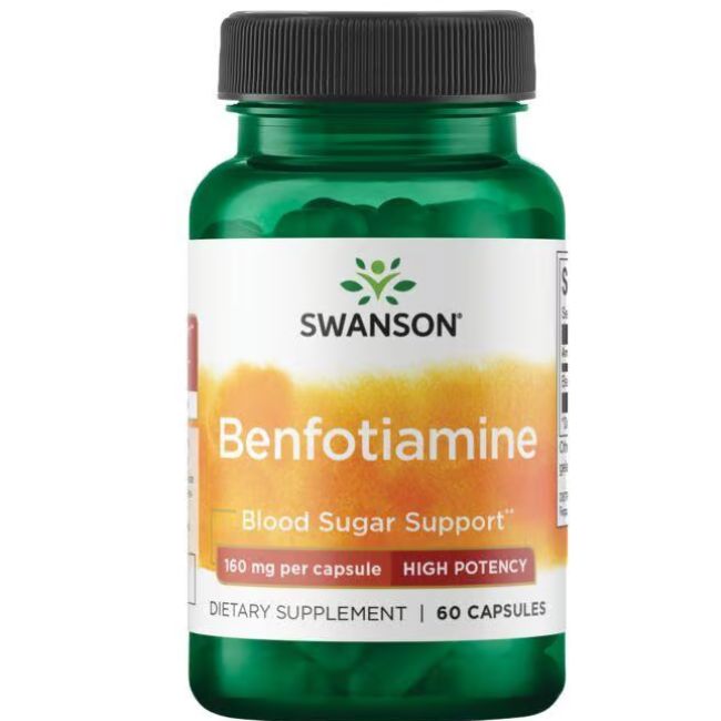 Flacon vert avec bouchon noir. Inscription: Swanson, Benfotiamine, 160 mg par capsule, 60 capsules.