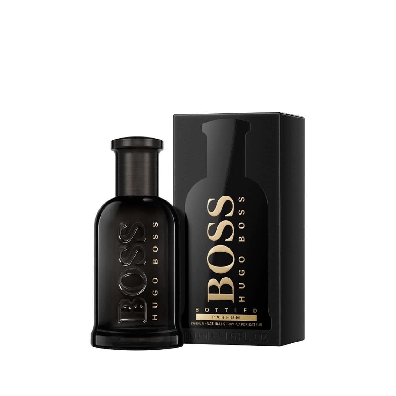 Zwarte fles en verpakking van Boss Bottled Parfum. Gouden belettering. Fles met verstuiver.
