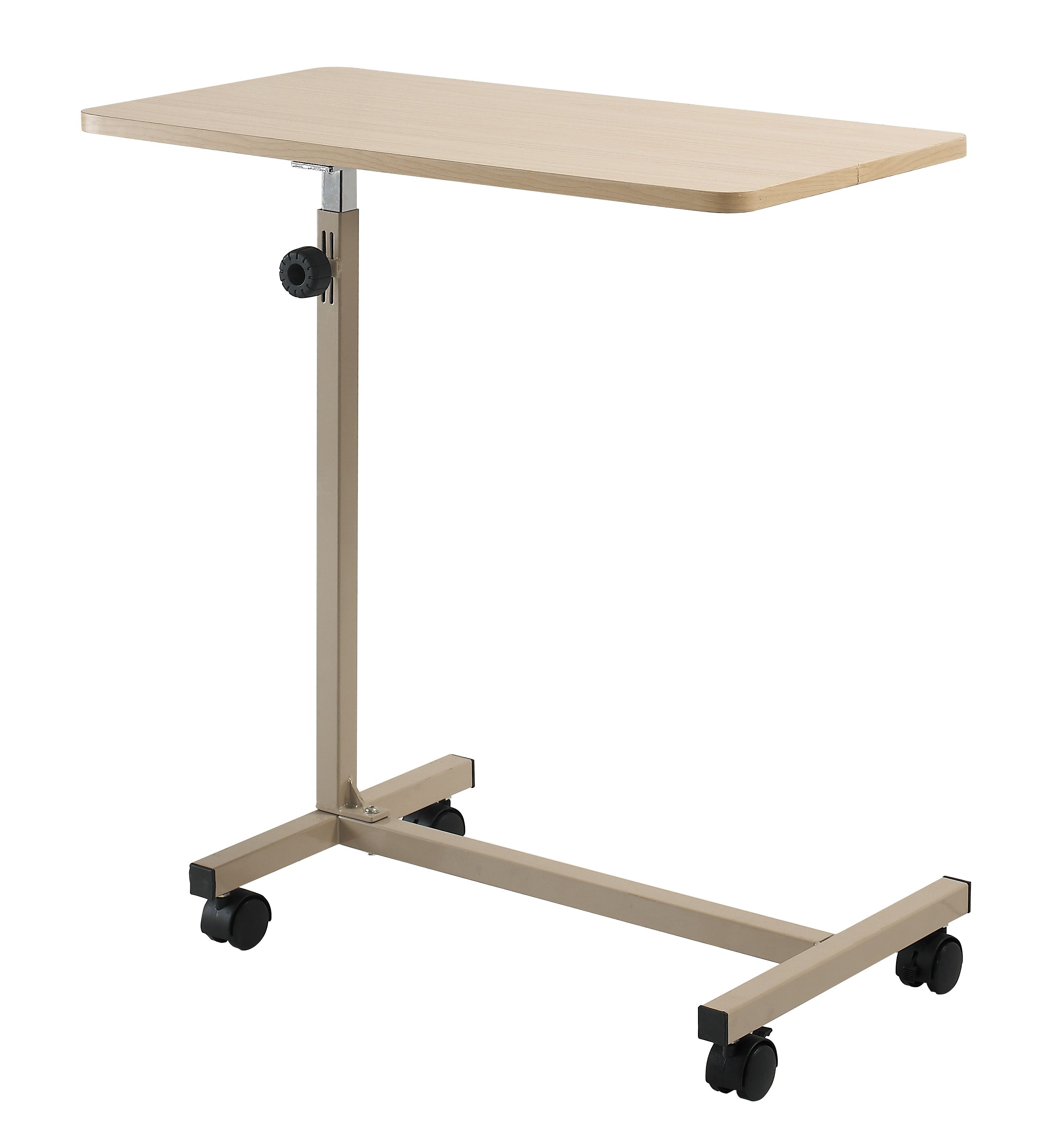 Table de lit avec plateau rectangulaire, réglable en hauteur, avec roulettes. Cadre en acier, plateau en bois.