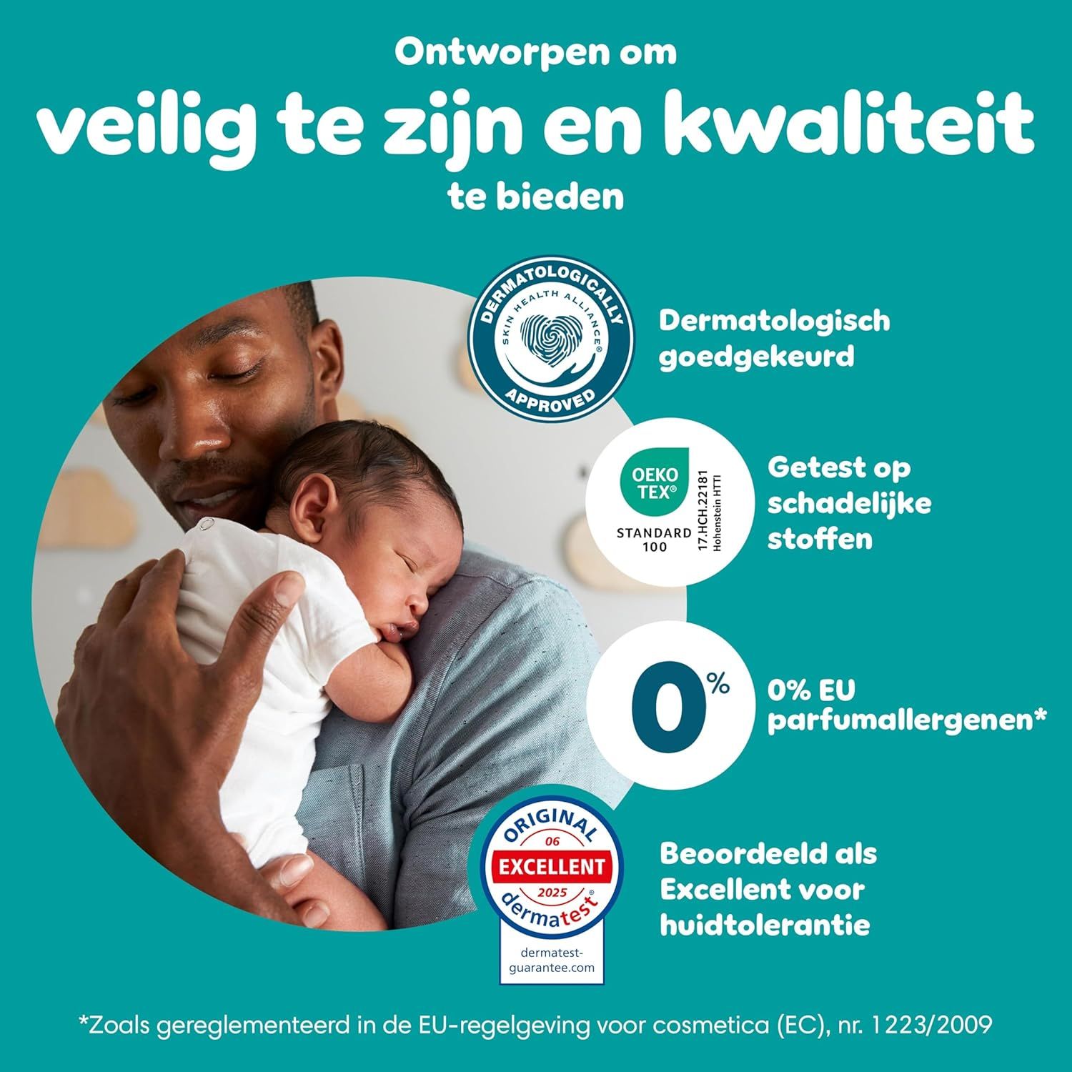 Baby met vader. Certificaten: "Dermatologisch goedgekeurd", "OEKO TEX", "0% EU-parfumaroma's".