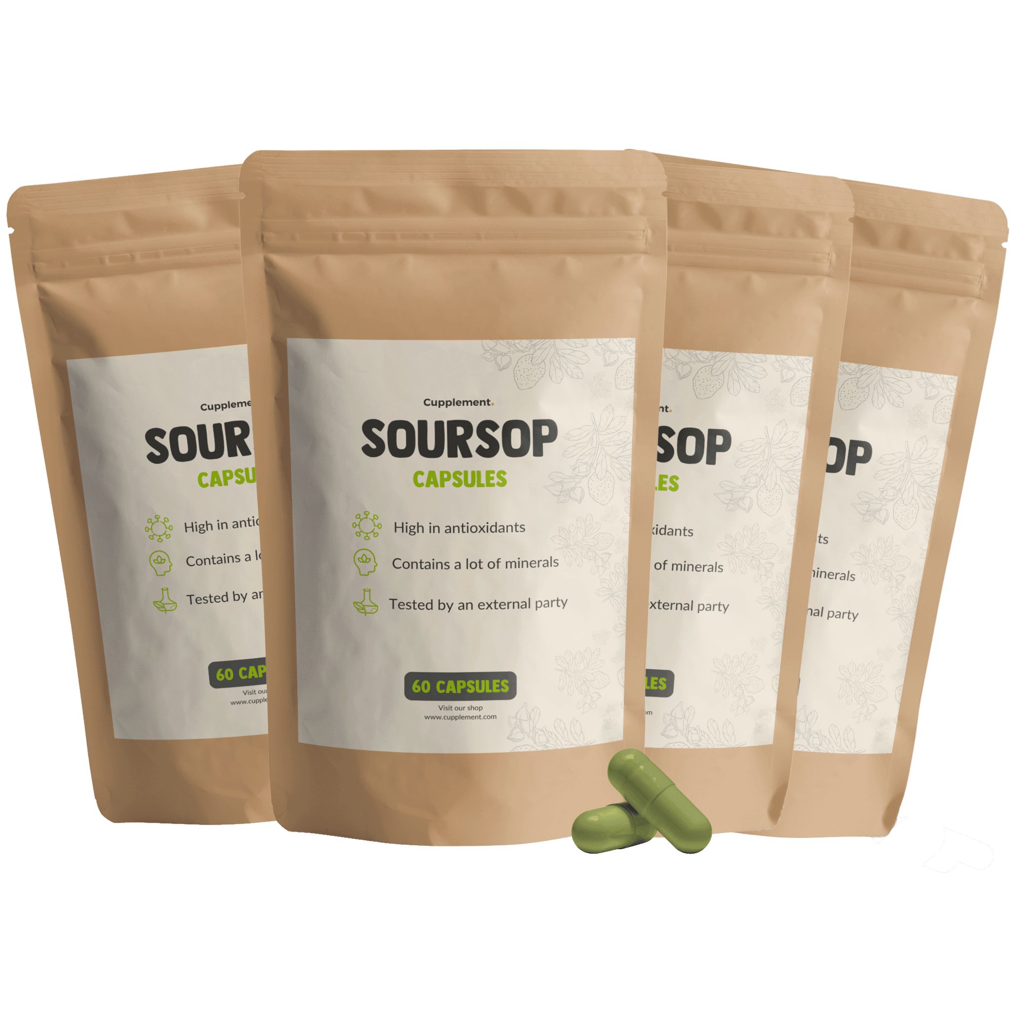 Meerdere zakjes Soursop Capsules. Opschrift: Soursop Capsules, 60 capsules. Bruine verpakking.