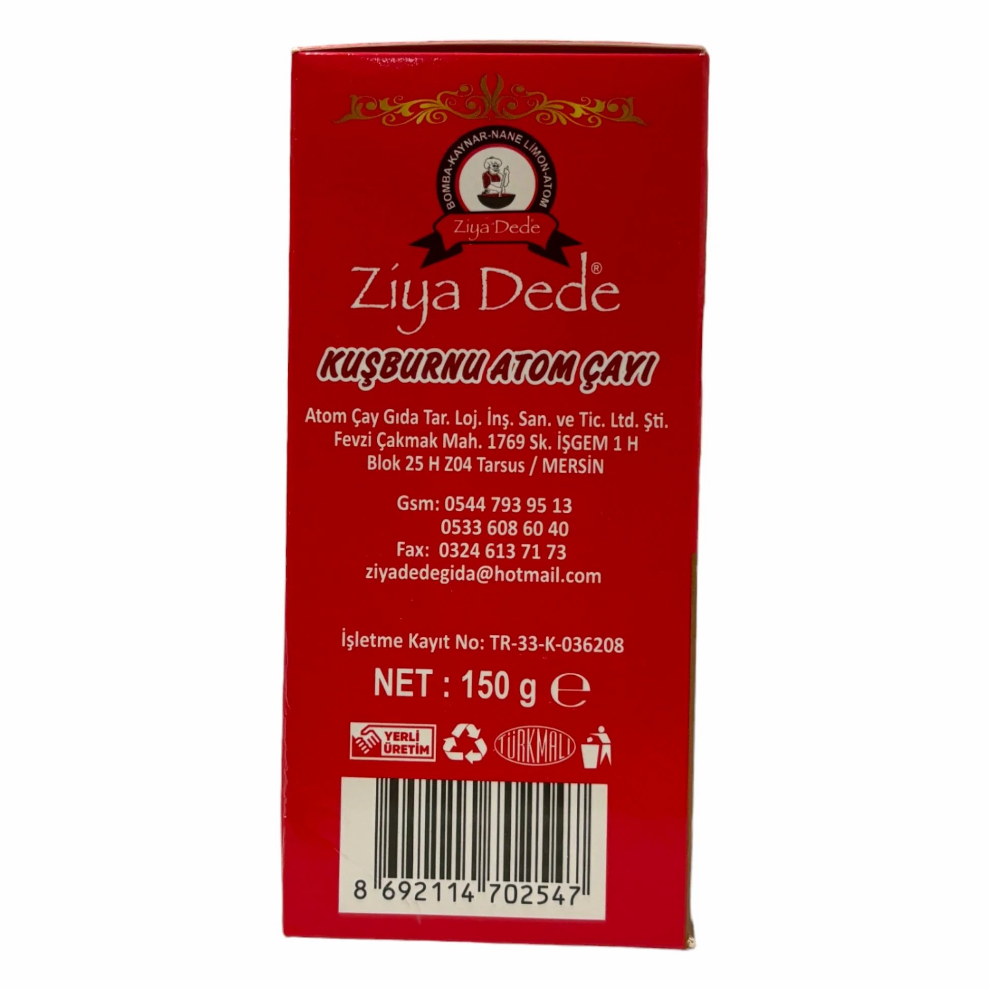 Côté de la boîte rouge. Texte en turc. Logo "Ziya Dede". Poids net 150g. Symboles de recyclage.