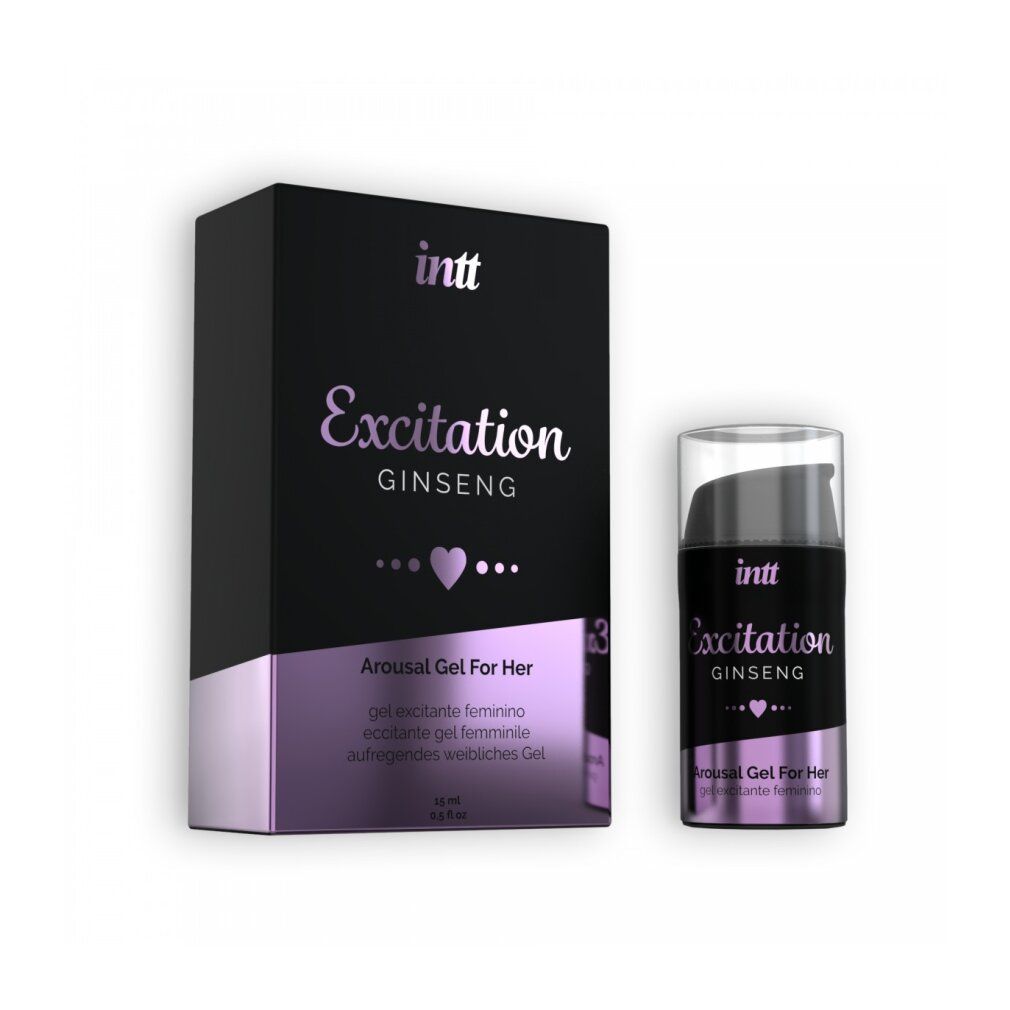 Zwarte verpakking en fles. Opschrift: Excitation Ginseng. Tekst: Arousal Gel For Her. 15 ml. Fles met pomp.