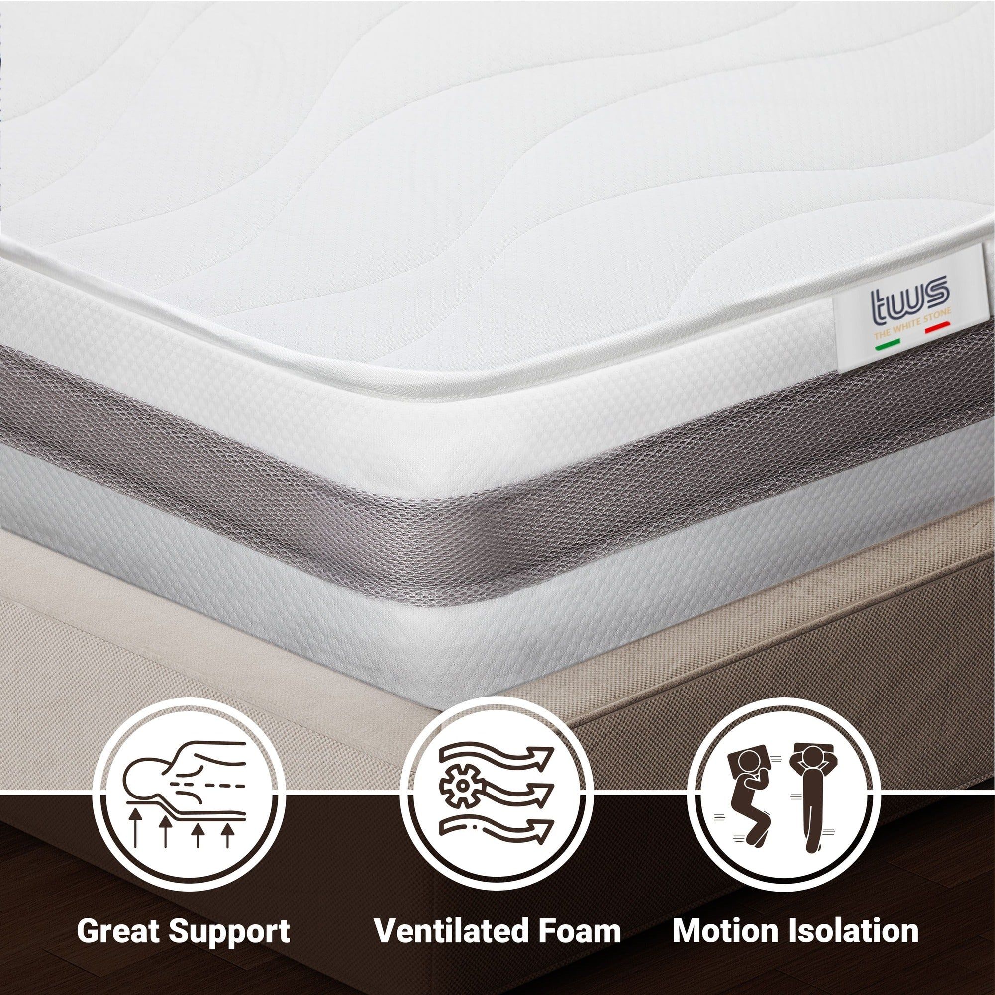 The White Stone Matras 90x190 cm Antibacterieel Schuim | Hoogte 25 cm | 3D Air Hypoallergeen Hoes