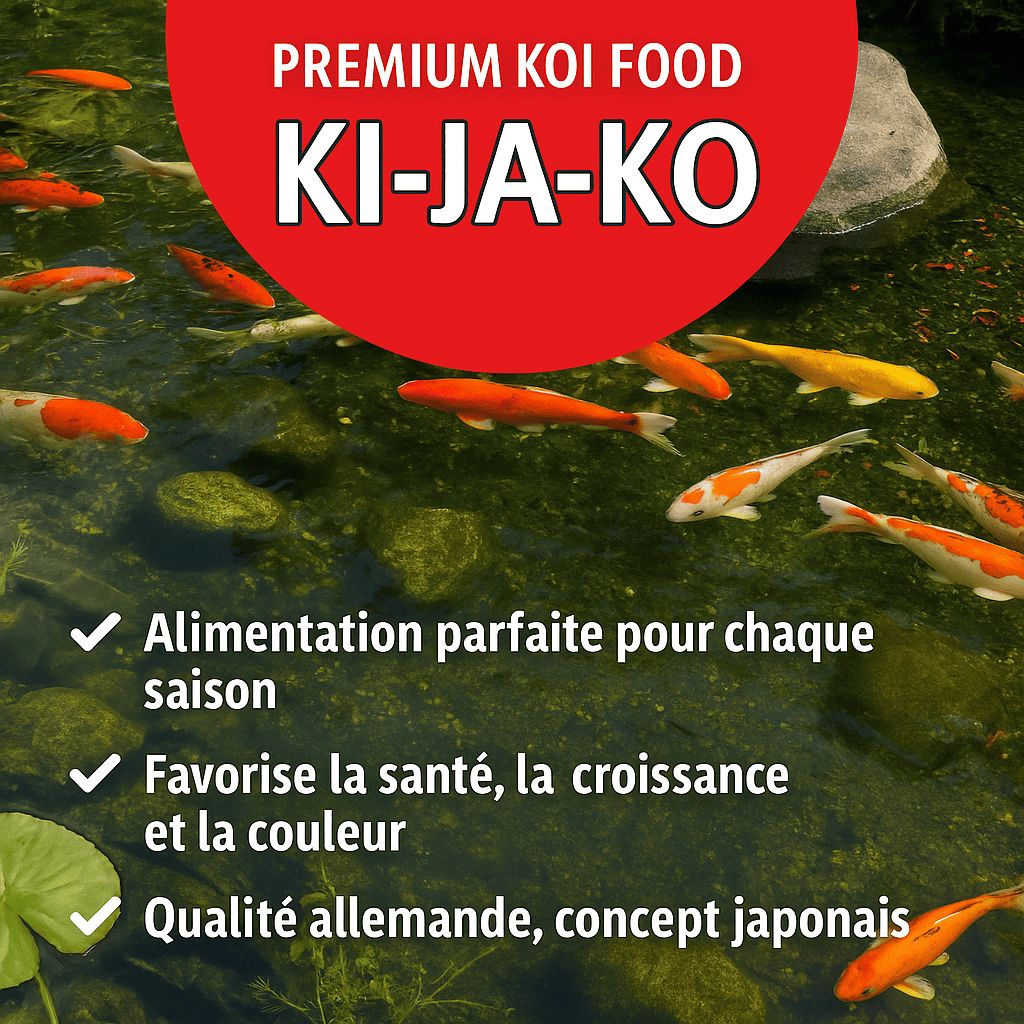 Emballage de nourriture pour carpes koï KI-JA-KO. Texte : Alimentation parfaite pour chaque saison, favorise la santé, la croissance et la couleur.