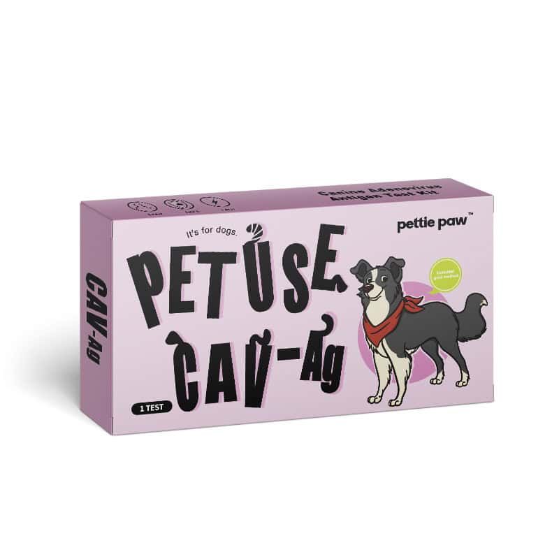 Emballage d'un test canin pour adénovirus (CAV-Ag). Boîte rose avec illustration de chien et nom du produit.
