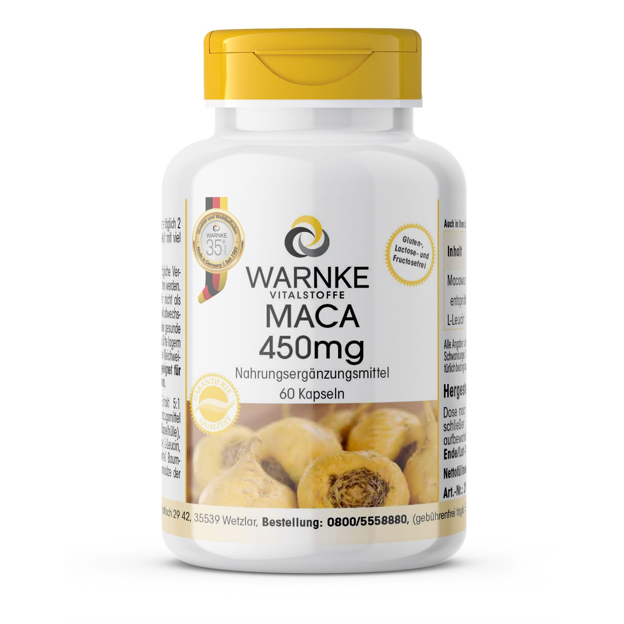 Witte fles met gele dop. Opschrift: Warnke Vitalstoffe Maca 450mg, voedingssupplement. Bevat 60 capsules. Met zegel.