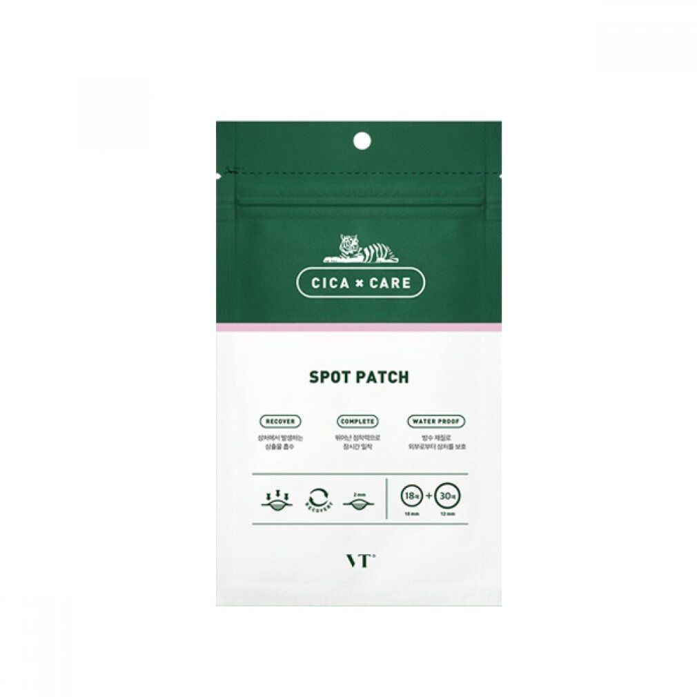 VT Cosmetics Cica Spot Patch verpakking met informatie over herstel, volledigheid en waterdichtheid.