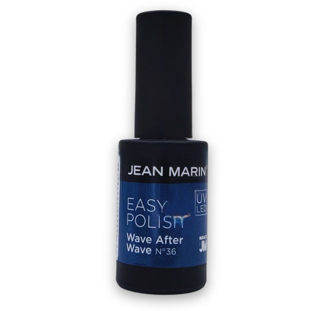 Flacon de vernis à ongles noir. Inscription: Jean Marin, Easy Polish, Wave After Wave N°36. UV LED.