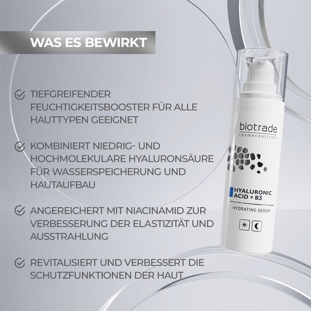 Sérum blanc avec pompe. Texte: Acide Hyaluronique + B3, Hydrating Serum. Contient de la niacinamide. Pour tous types de peau.