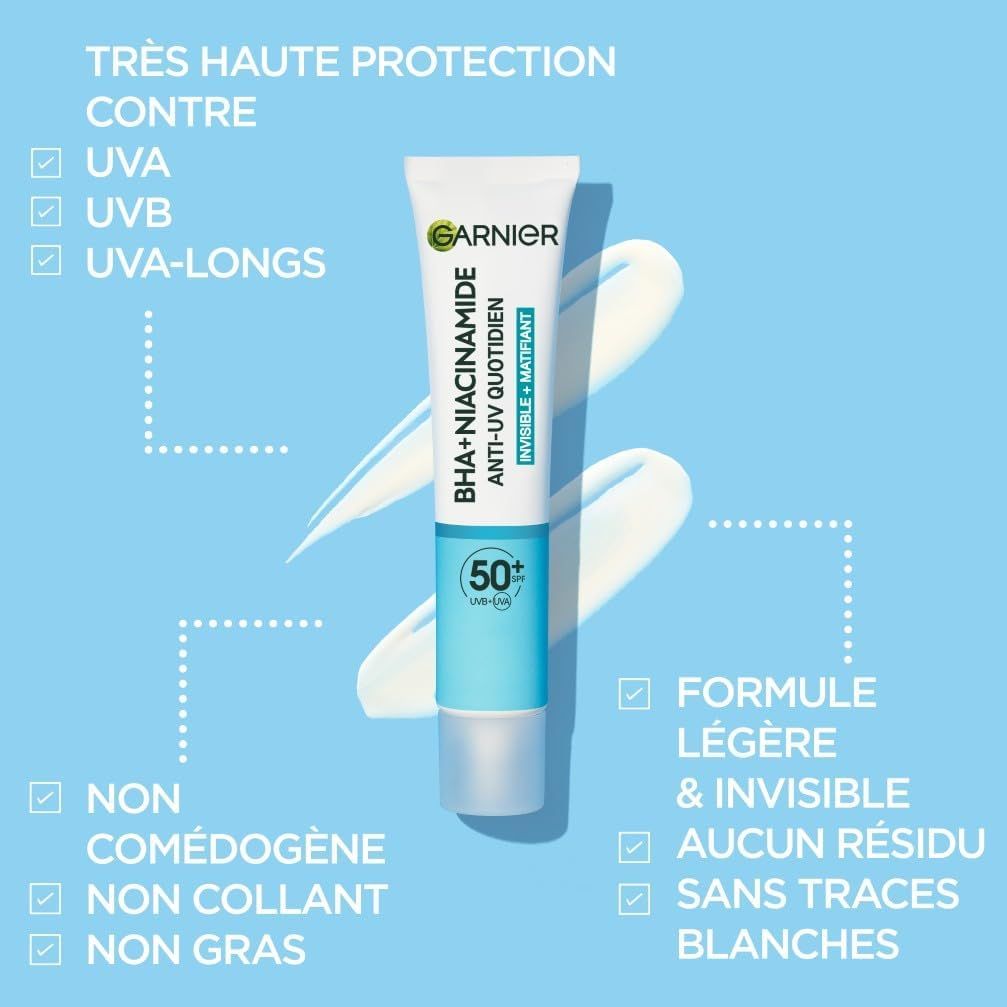 Tube de protection solaire Garnier LSF 50+, BHA+Niacinamide. Formule légère et invisible.